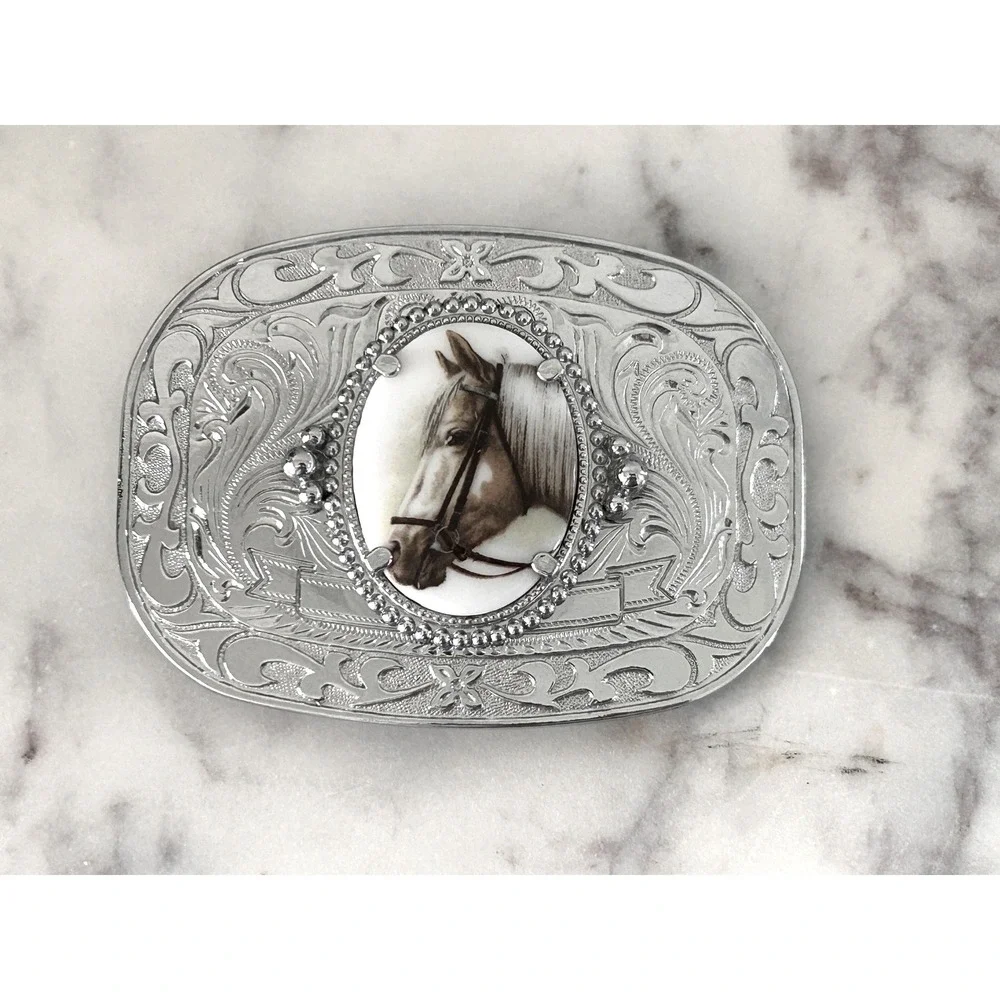Vintage Western Horse Belt Buckle Silver Tone Engraved Floral Equestrian Oval